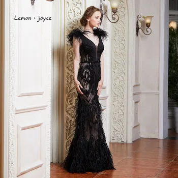 Citrón joyce Čierne Večerné Šaty s Perím 2020 Sexy tvaru Backless Strany Prom Šaty Formálne Večerné Šaty Župan De Soiree