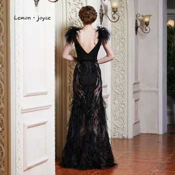 Citrón joyce Čierne Večerné Šaty s Perím 2020 Sexy tvaru Backless Strany Prom Šaty Formálne Večerné Šaty Župan De Soiree