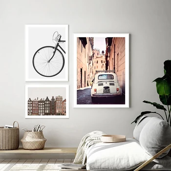 City Building Šírku Steny Umelecké Plátno na Maľovanie Nordic Čierna Biela Bicykli Plagáty a Tlačí na Steny Interiéru Obrázky pre Obývacia Izba