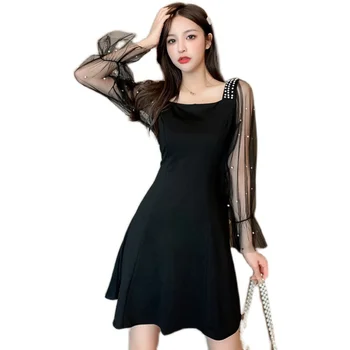 COIGARSAM Patchwork Ženy jednodielne šaty kórejský Nové Jar Plná Rukáv Lištovanie Oka Šaty Black 9331