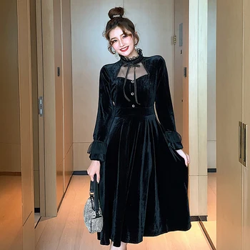 COIGARSAM Vintage Ženy jednodielne šaty kórejský Šaty Black 763
