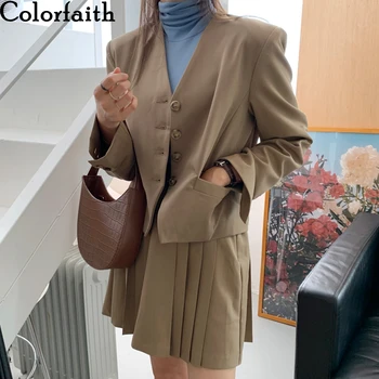 Colorfaith 2020 Nové Jeseň Zima Ženy Sady 2 Kus Oblečenie Zodpovedajúce Skladaná Sukňa Vysoko Elastický Pás Módne Farby WS1808