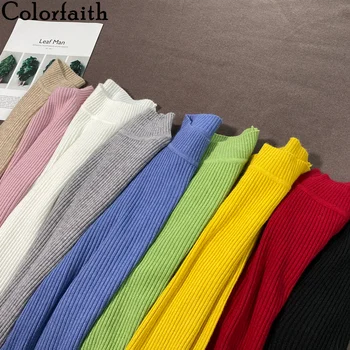 Colorfaith Nové 2020 Žien Jeseň Zima Bežné Turtleneck Klesnutie Knitwear Teplý Pulóver Elegantný Minimalistický Jumper SW1047