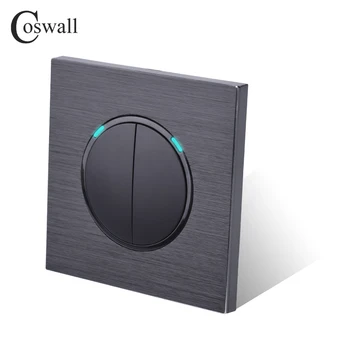 Coswall 2 Gang 2 Ceste Náhodné Kliknite na tlačidlo On / Off Priechod Wall Light Switch Prepne LED Indikátor Black / Silver Grey Hliníkový Panel