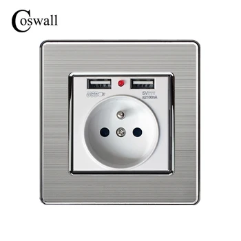 COSWALL 2020 Novej Sieťovej napájacej Zásuvky Uzemnené 16A francúzsky Štandardnej Elektrickej Zásuvky S 2100mA Dual USB Nabíjací Port pre Mobile