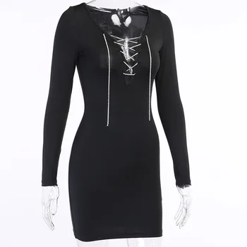 Crystal Reťazca Čipky Bodycon Mini Šaty Žien Čierny Dlhý Rukáv Šaty Sexy Nigh Strany Clubwear Jeseň 2020 Vestidos
