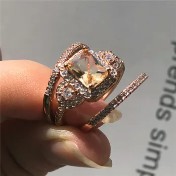 Crystal Žena Šampanské Kamenný Prsteň 18KT Rose Gold Vyplnené Snubné Prstene Pre Ženy Vintage Svadobné Zásnubný Prsteň