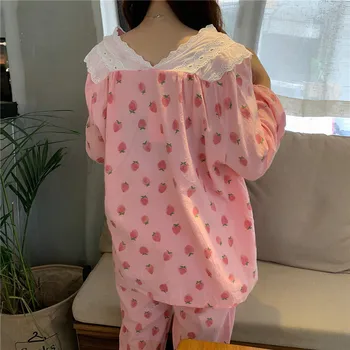 Cudzie Kitty Ženy Pyžamo 2020 Nové Jahoda Tlač Pijama Mujer Dvoch-dielny Oblek Jeseň Nohavice Obleky Voľné Bavlny, Mäkké Sleepwear