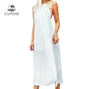 CUPSHE Pevné Biele plavky s uväzovaním za Backless zakryť s Strapce Ženu Sexy Pláž Long Midi Šaty 2021 Nové Letné Kúpanie Oblek Plaviek