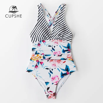 CUPSHE Prúžok a Kvetinové tvaru jednodielne Plavky Sexi Križujú Späť Ženy Monokiny 2021 Nové Pláž, Kúpanie Vyhovuje Plavky