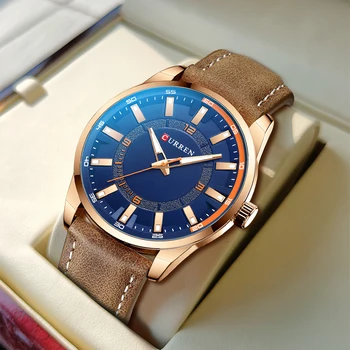 CURREN Nové Modré Módne Hodinky pre Mužov Bežné Kožené náramkové hodinky Quartz Jednoduché Kreatívne Hodiny pre Dar Relogio Masculino