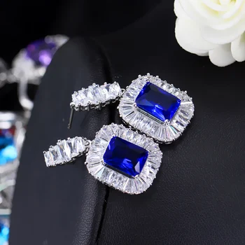 CWWZircons 2018 Nové Módne Šperky Biela A Royal Blue Crystal Námestie Drop Visieť Cubic Zirconia Náušnice Pre Ženy CZ293