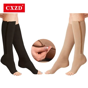 CXZD Nové Kompresné Ponožky Muži Ženy Podporu Kolena Zips Ponožky Žena Otvorené Prst Tenké Anti-Únava Tvárny Sox Vysoké Ponožky Unisex