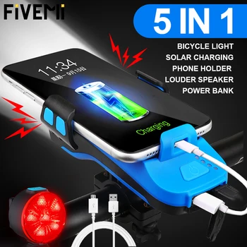 Cyklistické Svetlo USB Solárne Nabíjanie 5 V 1 Multifunkčné Horn Telefón Držiak na Predné Lampy Baterky Na Bicykli Led Požičovňa Svetlo svietidla