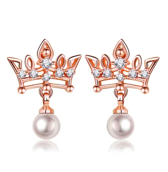 CZ Svadobné šperky nové špice koruny Pearl Vintage Stud náušnice náušnice skutočné skutočné čaro Elegantné drahokam žena náušnice