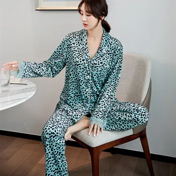 Daeyard Luxusné Hodvábne 2 Ks Pyžamo Nastaviť Sexy Ružová Leopard Sleepwear Jeseň Zima Ženy Čipky Zdobené Pyžamá Bežné Oblečenie Pre Voľný Čas