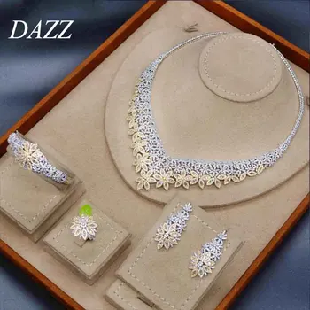 Dazz Luxusné Kvetinové Náhrdelníky Náušnice, Prsteň Náramok 4pcs Nigérijský Svadobné Šperky Sady Afriky Nevesta Ženy Zapojenia Ornamentu 2019