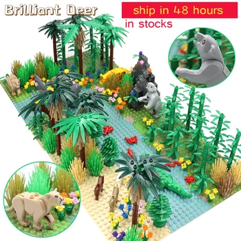 Dažďové pralesy, Model City Bush Kvet Trávy Strom so Zvieratami Základná Doska DIY MOC Časti Kompatibilné Priateľmi Stavebné Bloky