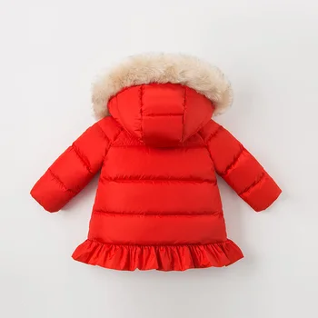 DB12003 dave bella zimné dieťa dole kabát dievčatá cartoon kapucňou kožušiny vrchné oblečenie detí 90% biele kačacie nadol čalúnená deti bunda