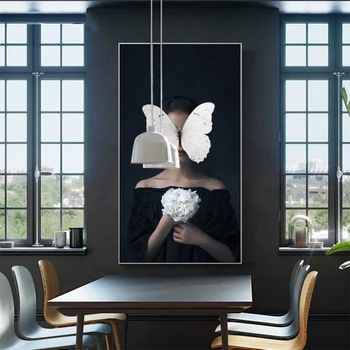 DDHH Väčšie Veľkosti Nordic Plagát Plátno Tlačiť Kvety Motýľ Žena, olejomaľba Wall Art Obrázky Pre Obývacia Izba Domova