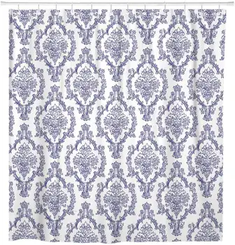 Delft Námornícka Modrá, Biela Damašku, Ozdobný Vzor Starý Viktoriánsky Sprchový Záves Nepremokavé Polyesterové Tkaniny 72 x 78 Cm, s Háčikmi