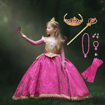 Deluxe Šípková Ruženka Deti Guľové Šaty Čipky Kvetinový Princezná Šaty Dievčatá Dĺžka Podlahy Aurora Cosplay Kostým Halloween Party