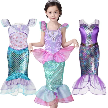 Deti, Dievčatá Princezná Ariell Šaty Morská Víla Kostýmy Bez Rukávov Prehrabať Oka Šaty Vlasy Hoop Parochňu Nastaviť Deti Vianočné Party Šaty