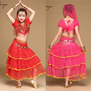 Deti Kostýmy Brušného Tanca Dievčatá Bollywood Tanečné oblečenie Nastaviť Indické Deti, tanečná Sála Oblečenie Headpieces Závoj Top Pás Sukne