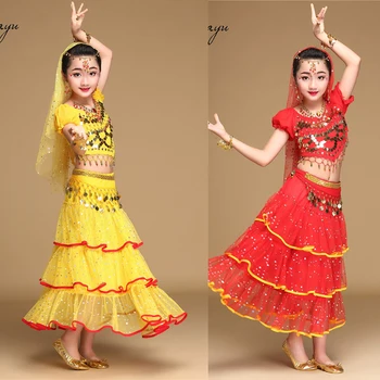 Deti Kostýmy Brušného Tanca Dievčatá Bollywood Tanečné oblečenie Nastaviť Indické Deti, tanečná Sála Oblečenie Headpieces Závoj Top Pás Sukne