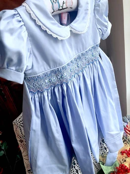 Deti Modré šaty letné smocked šaty ručne tkaná bavlna vintage svadba deti oblečenie Princess Party butiky deti oblečenie