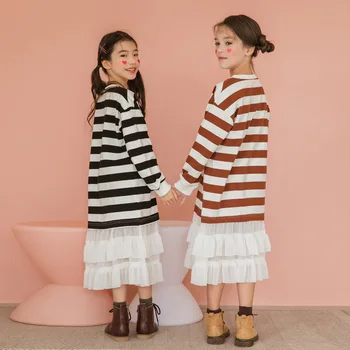 Deti roku 2020 jeseň nové dievčatá pruhované šaty verzia veľké detí rodič-dieťa nosiť šitie rozstrapatené šaty
