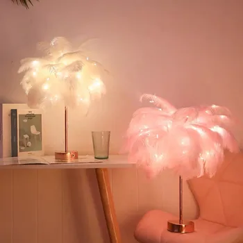 Dievča LED Svadobné Dekoratívne Osvetlenie Narodeniny DIY Tvorivé Pierko, stolná Lampa, Teplé Biele Svetlo, Strom Pierko Tienidlo Pink White