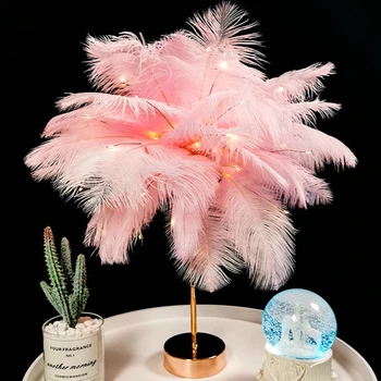 Dievča LED Svadobné Dekoratívne Osvetlenie Narodeniny DIY Tvorivé Pierko, stolná Lampa, Teplé Biele Svetlo, Strom Pierko Tienidlo Pink White