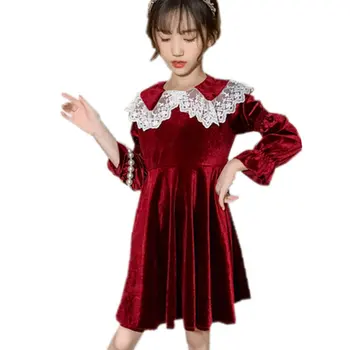 Dievča Zlaté Velvet Jeseň Zimné Šaty 2020 Dievčatá, Deti, Dospievajúci, Čipky Kvetina Princezná Elegantné Šaty Deti Oblečenie 4-14 Rokov