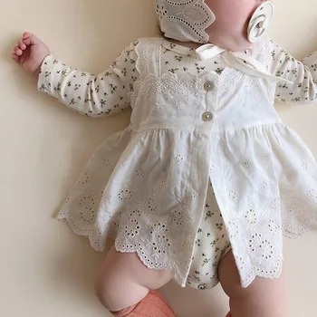 Dievčatá Boutique Oblečenie Set Baby Krst Oblečenie Vyhovovali Novorodenca S Dlhým Rukávom Bavlna Remienky Biele Čipky Šaty, Klobúk Dieťa Výstroj