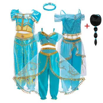 Dievčatá Jasmine Šaty Detský Karneval Kostým Party Deti Aladdin Modrá Zelená Princezná Fantázie Cosplay Halloween Šaty