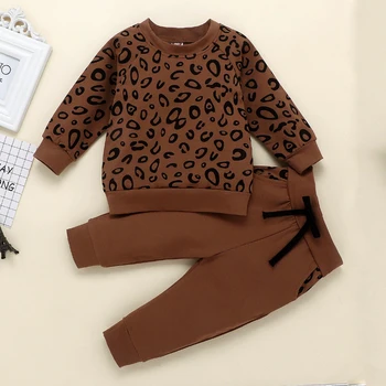 Dievčatá oblečenie na jar jeseň dvoch-dielny módne leopard tlač dlhým rukávom sveter bunda + nohavice 0-4years Beibei kvalitné oblečenie