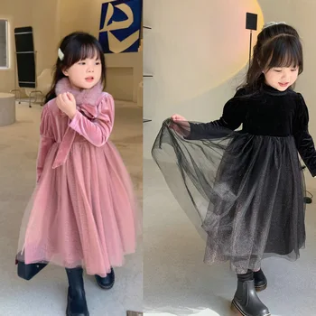 Dievčenské sukne kórejčinu plus velvet čalúnená šaty Princezná šaty zimné nové deti šaty pre dievčatá