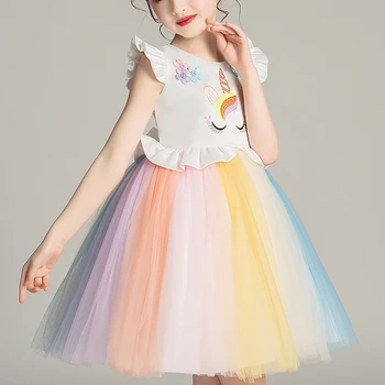 Dievčenské Šaty, Kostýmy, Svadobné Party Oblečenie Unicorn Princess Lete Dievčatá Petal Rukáv Šaty Detí Multi Sladké Šaty 2992