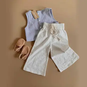 Dieťa Batoľa, Dieťa, Dieťa Dievča Šaty Bez Rukávov Modrá Bielizeň Topy + Biela Duté Nohavice Nohavice, Oblečenie Oblečenie Sady