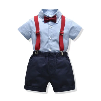 Dieťa Batoľa Formálne Oblečenie 1-6 Rokov Chlapci Vyhovovali Lete Modré Tričko + krátke Nohavice s Pásom 4 Kusy Deti Oblečenie Chlapčenské Oblečenie Set sa