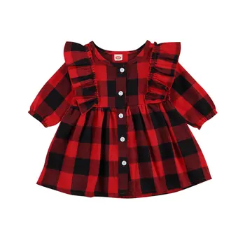 Dieťa Jeseň Baby Dievčatá Šaty Červené Pléd, Tlač Tričko s Dlhým Rukávom Šaty Novorodenca Jeden Kus Vianočné Oblečenie 0-24M