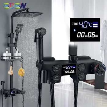 Digitálny Kúpeľňa So Sprchou Nastaviť Na Stenu Mosadz Vaňou Kohútikov Zobrazenie Teploty Kúpeľňa Mixér Ťuknite Na Položku Black Termostatické Sprcha