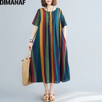 DIMANAF Plus Veľkosť Letné Šaty Žien Oblečenie Vintage Sundress Pruhované Tlač Elegantná Dáma Vestidos Bavlna Voľné Maxi Šaty XL 2X