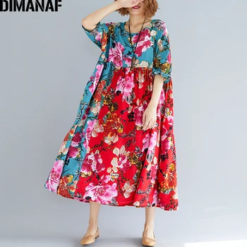 DIMANAF Ženy Letné Šaty Plus Veľkosť Oblečenie Femme Elegantná Dáma Vestidos Tlač na Kvetinový Bežné Nadrozmerné Skladaný Voľné Červená