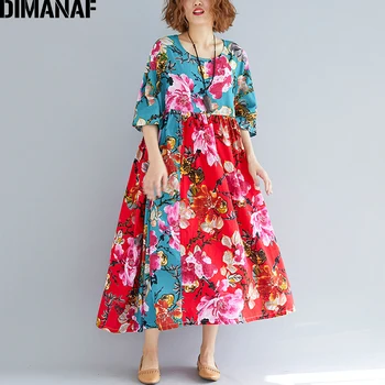 DIMANAF Ženy Letné Šaty Plus Veľkosť Oblečenie Femme Elegantná Dáma Vestidos Tlač na Kvetinový Bežné Nadrozmerné Skladaný Voľné Červená