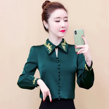 Dingaozlz S-3XL kórejský módne výšivky Ženy tričko dlhý rukáv Šifón, blúzky, Zase dole golier OL Topy