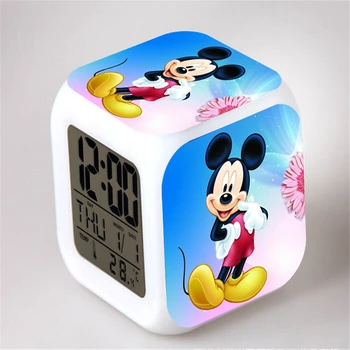 Disney Karikatúry budíky Žiariace Mickey Minnie Mouse Farba LED Zmena Budík Deti Multifunctio Hračky Digitálne budíky