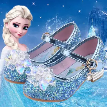 Disney Mrazené Elsa Princezná Dievčatá Kožené Crystal Topánky Lesk Bežné Vysoké Podpätky Dievčatá Sandály Ružová Modrá Strieborná Elsa Topánky
