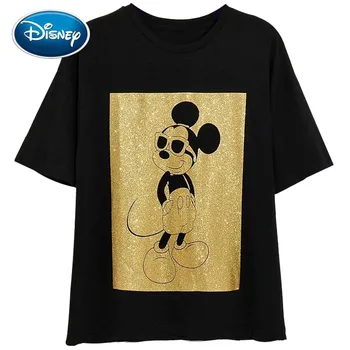 Disney Módne Mickey Mouse Zlato blingbling Karikatúra Tlače Harajuku Ženy T-Shirt O-Krku Krátky Rukáv Bavlna Tee Top Sučka Čierna